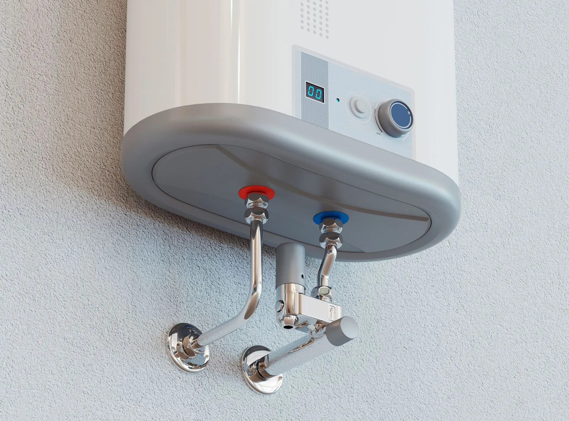 A white water heater is hanging on a white wall.