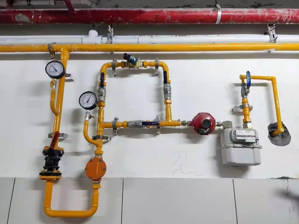 Yellow gas piping with pressure gauges, a regulator and a gas meter mounted on a wall