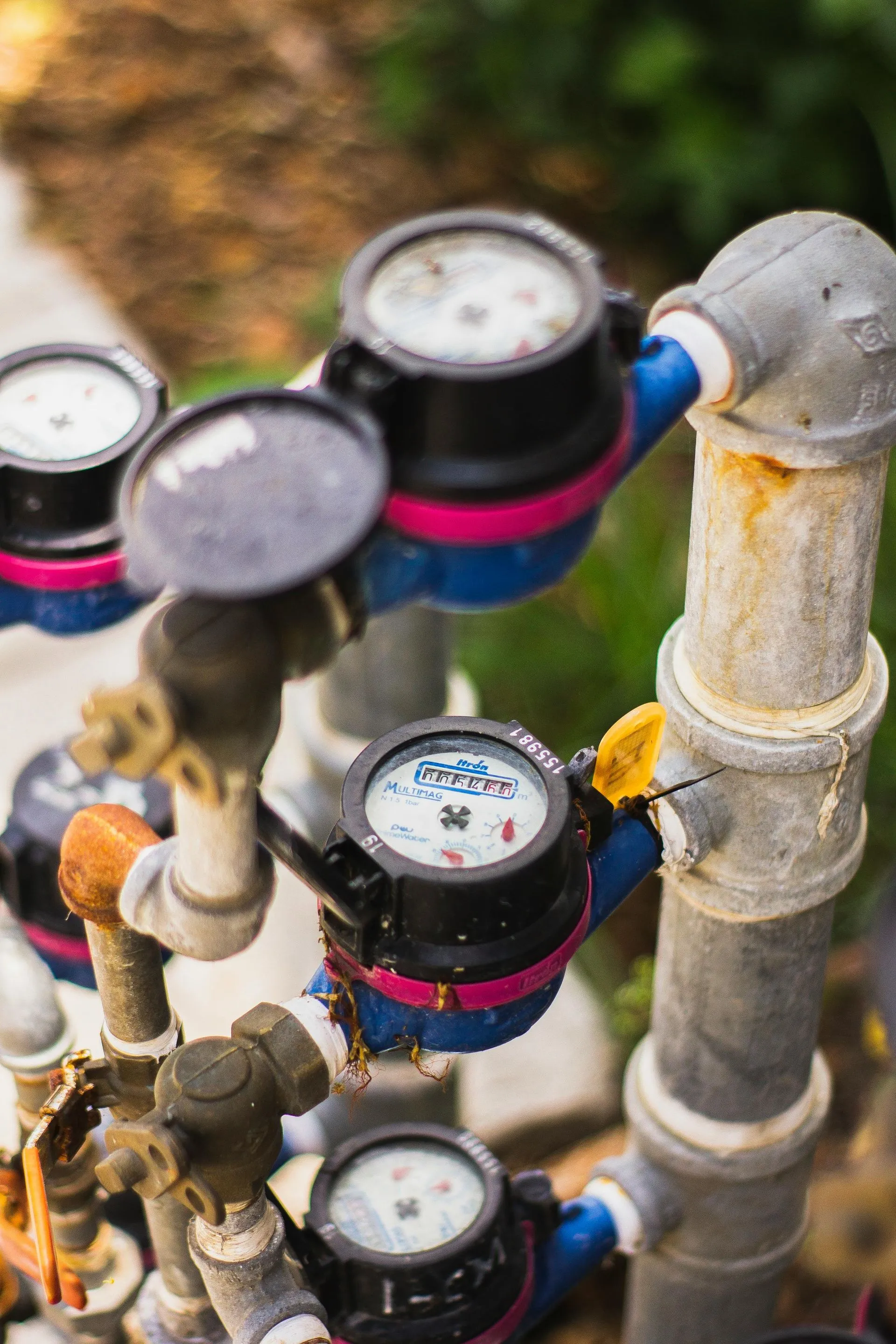 Several residential water meters connected to galvanized supply pipes