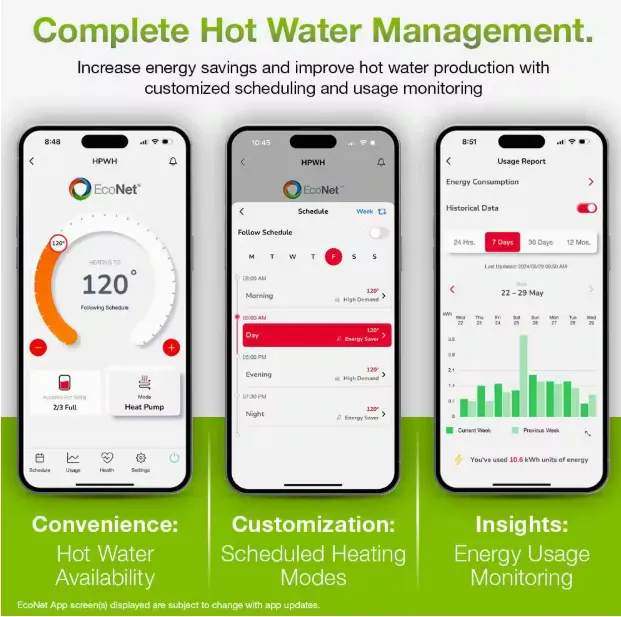Rheem EcoNet app screens showing hot water scheduling and energy usage reports