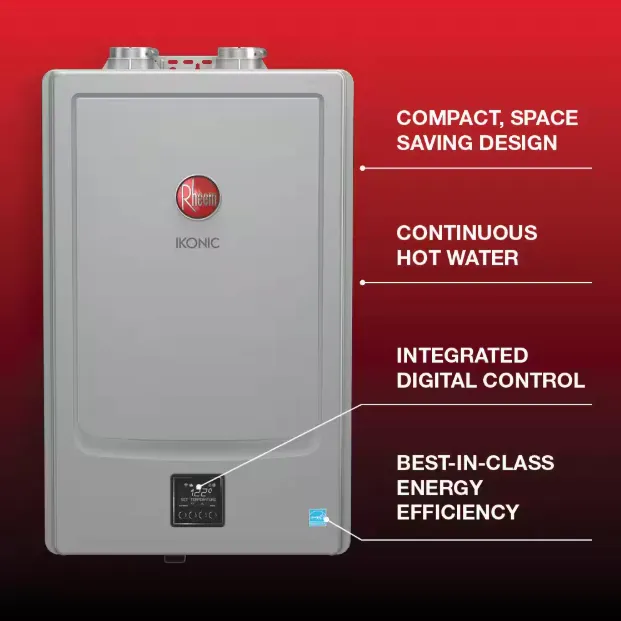 Rheem IKONIC tankless water heater with its compact design and digital control