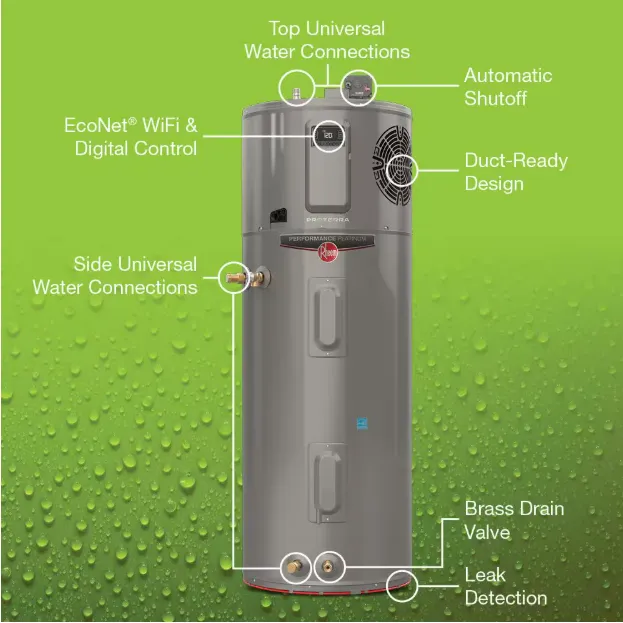 Rheem ProTerra hybrid heat pump water heater with labeled features